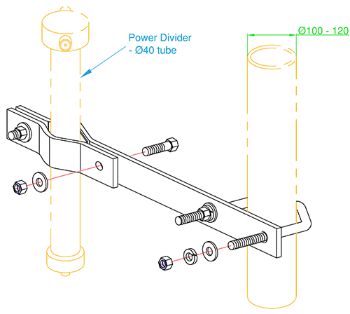 Power divider clamp, extra large, stainless steel, PD dia. 40mm to mast mount dia. 100-120mm